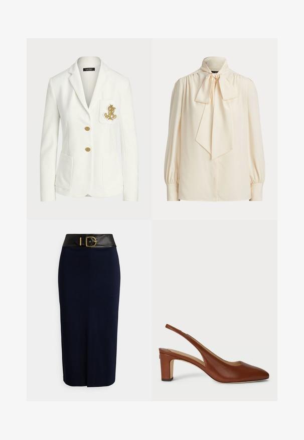 Hvid skræddersyet blazer med gyldne knapper og broderet gyldent logo på brystlommen, med notched revers og to forlommer.; Langærmet bluse i cremefarve med høj krave og stor bundet sløjfe ved halsen, med rynkede skuldre og knapmanchetter.; Marineblå blyantskjørt med bredt sort linning og stor guldbøjle, med en syning foran og en subtil frontslids.; Brun læder slingback sko med spids tå, lav blokhæl og åbne sider, der har en glat tekstur og et minimalistisk design.