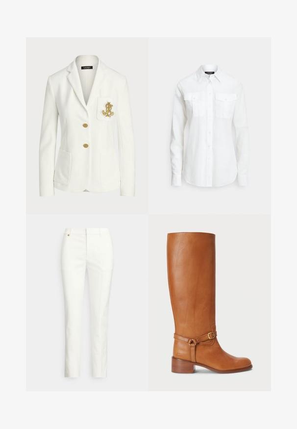 Hvid skræddersyet blazer med gyldne knapper og broderet gyldent logo på brystlommen, med notched revers og to forlommer.; Hvid skjorte med knapper i tekstureret stof, med en spids krave, lange ærmer og to brystlommer med klaplukning.; Hvide, skræddersyede bukser med en tætsiddende pasform, der har en glat tekstur, bæltestropper og en lille detalje af guldhardware. Ingen lommer synlige.; Høje brune læderstøvler med en glat overflade, udstyret med en sidelukning og en stablet hæl. Overdelen har et rent, udekoreret design.