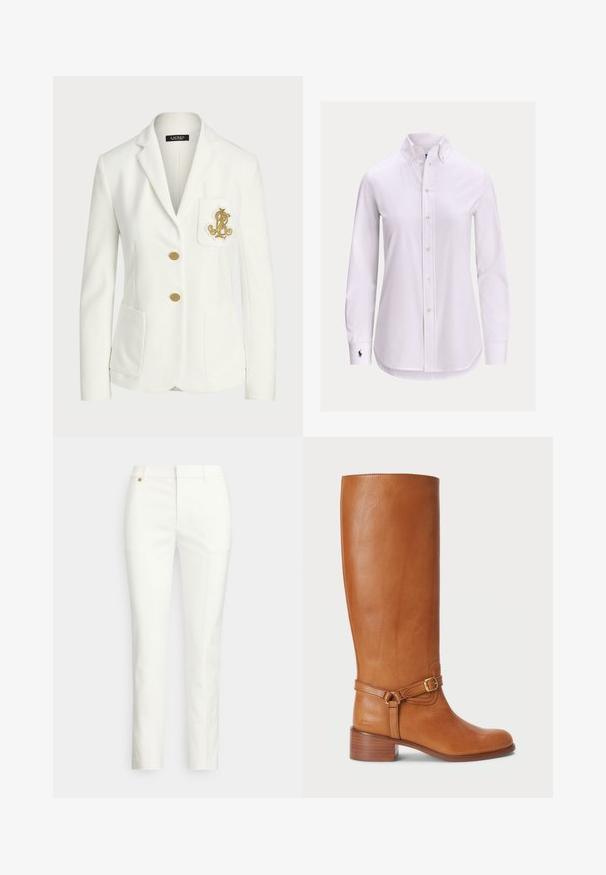 Witte getailleerde blazer met gouden knopen en geborduurd gouden logo op de borstzak, met een notched reverskraag en twee voorzakken.; Witte blouse met lange mouwen, knoopsluiting, een knoopsluitkraag en een klein geborduurd logo op de linkermanchet.; Witte, op maat gemaakte broek met een slanke pasvorm, met een gladde textuur, riemlussen en een klein gouden metalen detail. Geen zichtbare zakken.; Hoge bruine leren laarzen met een gladde afwerking, voorzien van een zijkantgesp en een gestapelde hak. De schacht heeft een strakke, ongecompliceerde uitstraling.