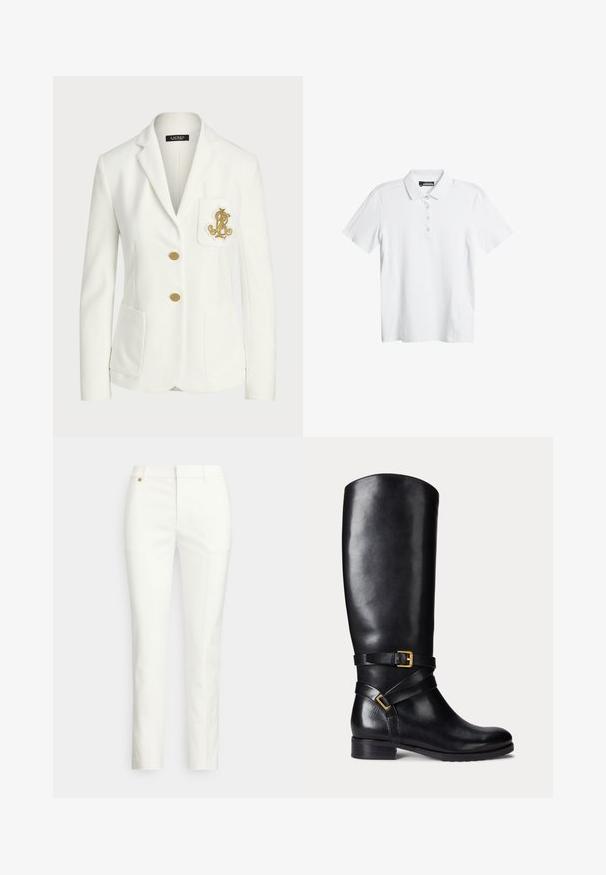 Witte blazer van textuurstof met een getailleerde pasvorm, voorzien van gouden knopen en een decoratief gouden geborduurd logo op de zak.; Witte polo met een subtiel golfpatroon, korte mouwen en een drieknoopsluiting. Gemaakt van een soepele, lichte stof.; Witte, op maat gemaakte broek met een slanke pasvorm, met een gladde textuur, riemlussen en een klein gouden metalen detail. Geen zichtbare zakken.; Zwarte leren kniehoge laars met een ronde neus, een lage blokhak en dubbele banden met een gouden gespaccent. Gladde textuur.