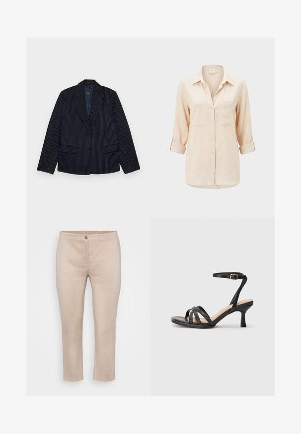 Marineblå stribet blazer med jagtlapeller, to forlommer og en enkelt knaplukning. Glat stof med en skræddersyet pasform.; Beige langærmet skjorte med krave, to brystlommer og op-rullede ærmer.; Beige linned cropped bukser med flad front, knaplukning og elastisk talje. Glat tekstur med minimale sømme og ingen lommer.; Sorte høje hæle sandaler med flere tynde stropper over tæerne, en enkelt ankelstrop med en gylden spænde og en firkantet tå.