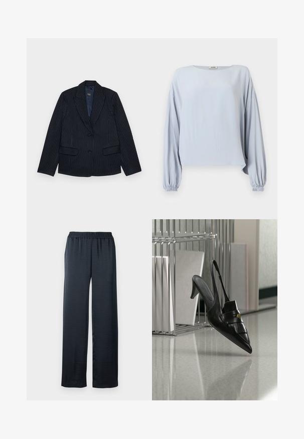Marineblå stribet blazer med jagtlapeller, to forlommer og en enkelt knaplukning. Glat stof med en skræddersyet pasform.; Lyseblå bluse med lange ærmer, brede, samlede manchetter og løs pasform, med rund halsudskæring og ensfarvet design.; Sorte vidde bukser lavet af blødt, let stof. Har en elastisk talje for komfort og en flydende silhuet.; Sort læder slingback hæl med spids tå, frynser og guldknapdetalje på en reflekterende gulv nær metalarkivholdere.