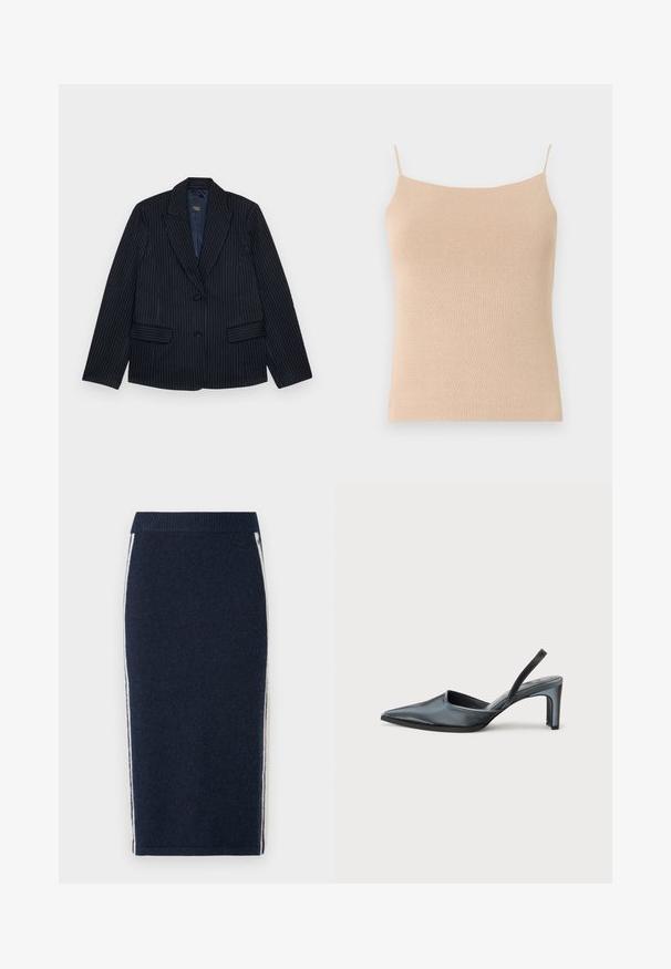 Marineblå stribet blazer med jagtlapeller, to forlommer og en enkelt knaplukning. Glat stof med en skræddersyet pasform.; Beige strik camisole med tynde stropper, med en tætsiddende pasform og tekstureret stof, ideel til lag-på-lag styling eller afslappet brug.; Pepe Jeans CREOLA SKIRT - Pencil skirt - dulwich blue; Sort slingback-hæl med spids tå, slank satinfinish og en slank hæl på 3 tommer. Åben sidedesign med minimal syningsdetalje.