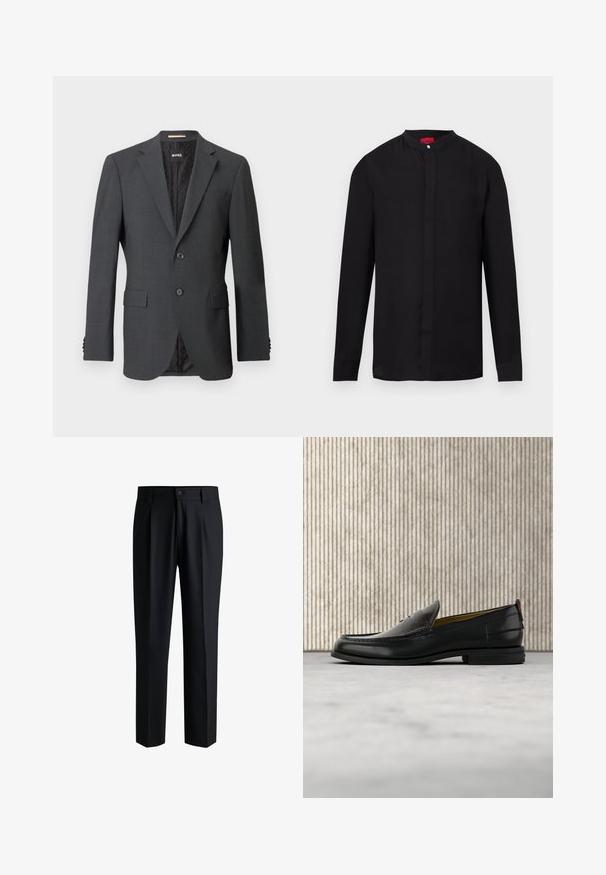 Donkergrijze blazer met twee knopen, notch rever, klepzakken en een interne voering met een subtiel patroon. Merkenlabel zichtbaar aan de binnenkant.; Zwart shirt met lange mouwen, mandarijnkraag en verborgen knoopsluiting, afgebeeld op een witte achtergrond.; Zwarte broek van gladde stof, met een rechte pijpdesign, plooien aan de voorkant en een knoopsluiting met riemlussen.; Zwarte leren herenslipper met een krokodillen-embossed voorblad en een lage hak, zij-aanzicht op een neutrale achtergrond.