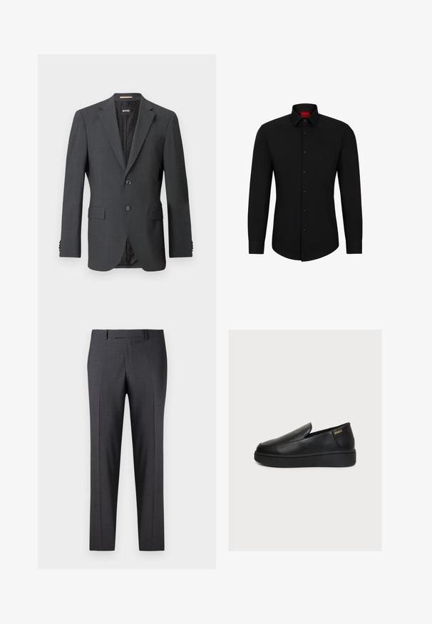 Blazer gris oscuro con dos botones, solapas en pico, bolsillos con solapa y forro interno con un patrón sutil. Etiqueta de la marca visible en el interior.; Camisa negra de manga larga con botón frontal, cuello clásico y dobladillo redondeado; cuenta con botones negros y un logotipo rojo en el interior del cuello.; Pantalones oscuros grises a medida en una tela suave y texturizada; cuentan con un frente plano y piernas rectas; diseño minimalista sin acentos visibles.; Zapato negro de plataforma de piel con diseño slip-on, suela gruesa y pequeño logo dorado "HUGO" cerca del talón sobre un fondo claro y liso.