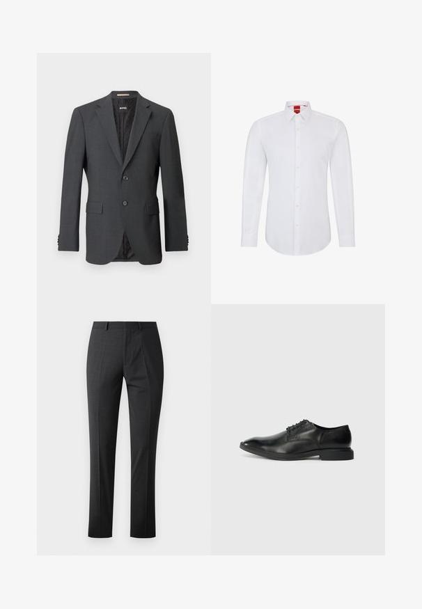 Blazer gris oscuro con dos botones, solapas en pico, bolsillos con solapa y forro interno con un patrón sutil. Etiqueta de la marca visible en el interior.; Camisa blanca de manga larga con cuello, que presenta un cierre frontal de botones y un tejido suave y liso. Sin patrones ni acentos visibles.; Pantalones oscuros grises a medida con una textura suave, corte ajustado, frente plano y cinturilla estándar. Presentan pliegues marcados y sin patrones visibles.; Zapato de vestir negro de cuero con una textura suave, punta afilada, diseño de cordones con seis ojales y un tacón rectangular bajo. Detalle de marca sutil en el lateral.