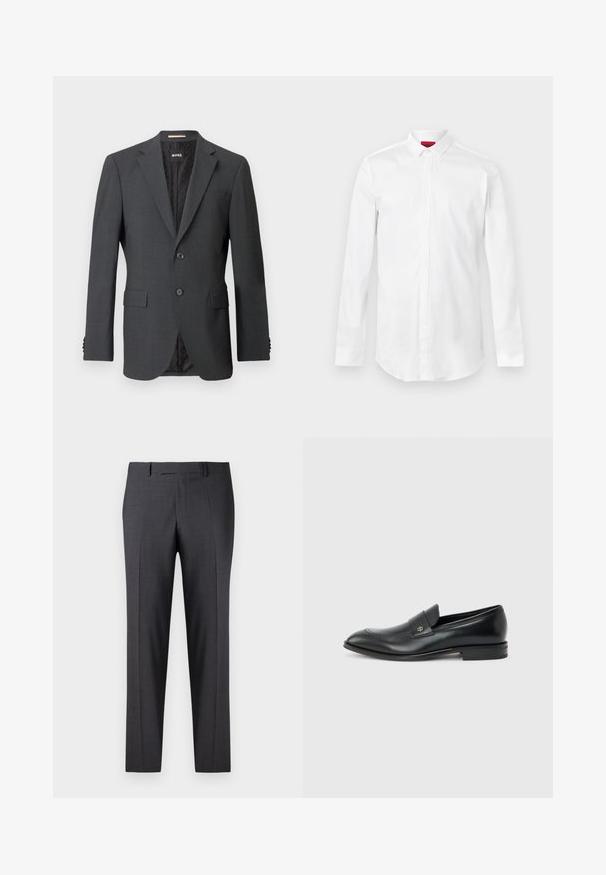 Donkergrijze blazer met twee knopen, notch rever, klepzakken en een interne voering met een subtiel patroon. Merkenlabel zichtbaar aan de binnenkant.; Witte lange mouwen overhemd met een spitse kraag en verborgen knoopsluiting, weergegeven tegen een effen lichte achtergrond.; Op maat gemaakte donkergrijze broeken van een soepel, gestructureerd weefsel; heeft een vlakke voorkant en rechte pijpen; minimalistisch ontwerp zonder zichtbare accenten.; Zwarte leren herenslipper met lage hak, afgeronde neus en klein metalen logo op het riempje, zijaanzicht tegen een effen achtergrond.