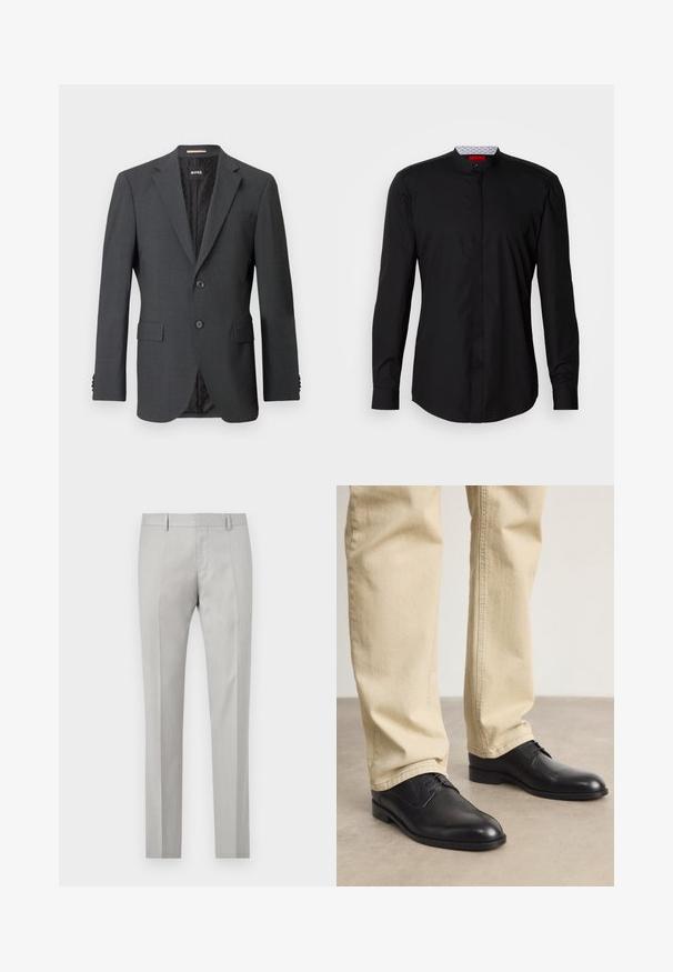 Blazer gris oscuro con dos botones, solapas en pico, bolsillos con solapa y forro interno con un patrón sutil. Etiqueta de la marca visible en el interior.; Camisa negra de manga larga con cuello mandarín, confeccionada en una tela suave, con cierre de botones en la parte delantera y detalles de diseño sutiles.; Pantalones ajustados de color gris claro con una textura suave, frente plano y dos bolsillos laterales. Presentan piernas rectas y detalles de pliegue sutiles.; Zapatos de cuero negro con cordones, puntera redondeada, acabado suave y sutiles detalles de costura, combinados con pantalones de color beige claro.
