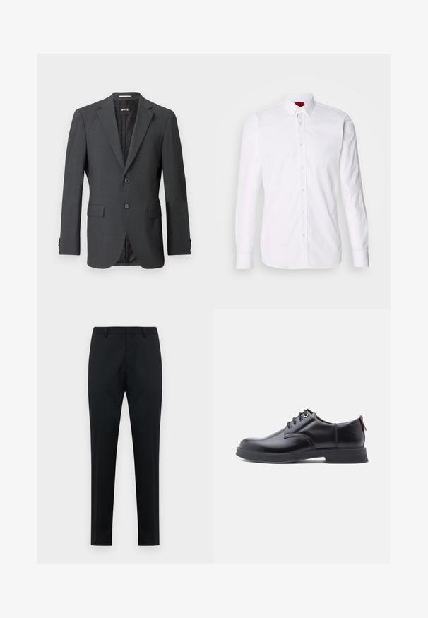 Donkergrijze blazer met twee knopen, notch rever, klepzakken en een interne voering met een subtiel patroon. Merkenlabel zichtbaar aan de binnenkant.; Witte lange mouwen overhemd met knopen, een klassieke kraag, een voorpand met knopen en een gladde katoenen textuur.; Zwarte op maat gemaakte heren formele broeken met riemlussen, platte voorkant en rechte pijpen op een witte achtergrond.; Zwarte leren veter schoenen met een gladde textuur, ronde neus en subtiel stiksel detail. Voorzien van een rode trekband op de hiel.