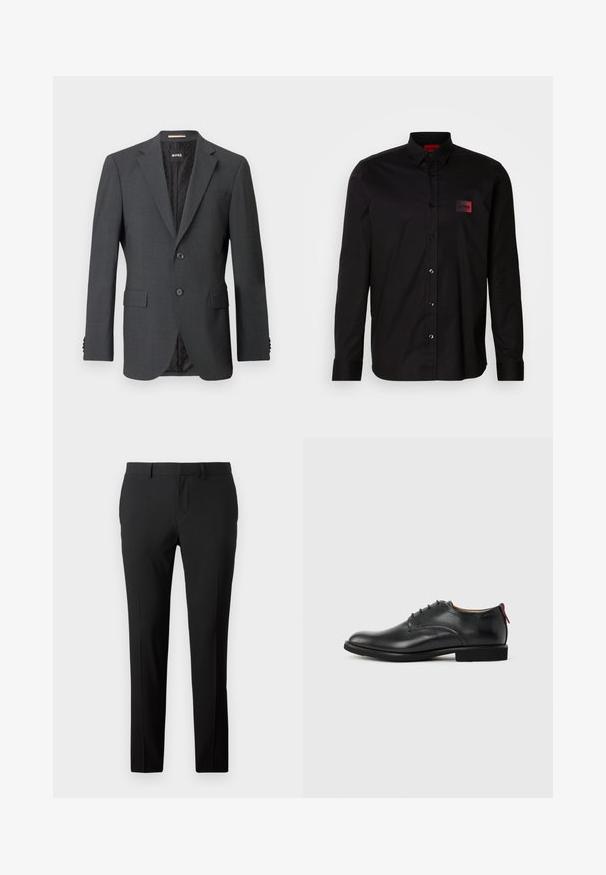 Donkergrijze blazer met twee knopen, notch rever, klepzakken en een interne voering met een subtiel patroon. Merkenlabel zichtbaar aan de binnenkant.; Zwart shirt met lange mouwen van gladde stof, voorzien van een knoopsluiting, een klassieke kraag en een klein rood merklabel op de borst.; Op maat gemaakte zwarte broek van een gladde stof. Heeft een recht model, voorplooien en riemlussen voor verstelbare maat.; Zwarte leren herenschoen met vetersluiting en rood trekfolie op de hiel tegen een effen achtergrond.