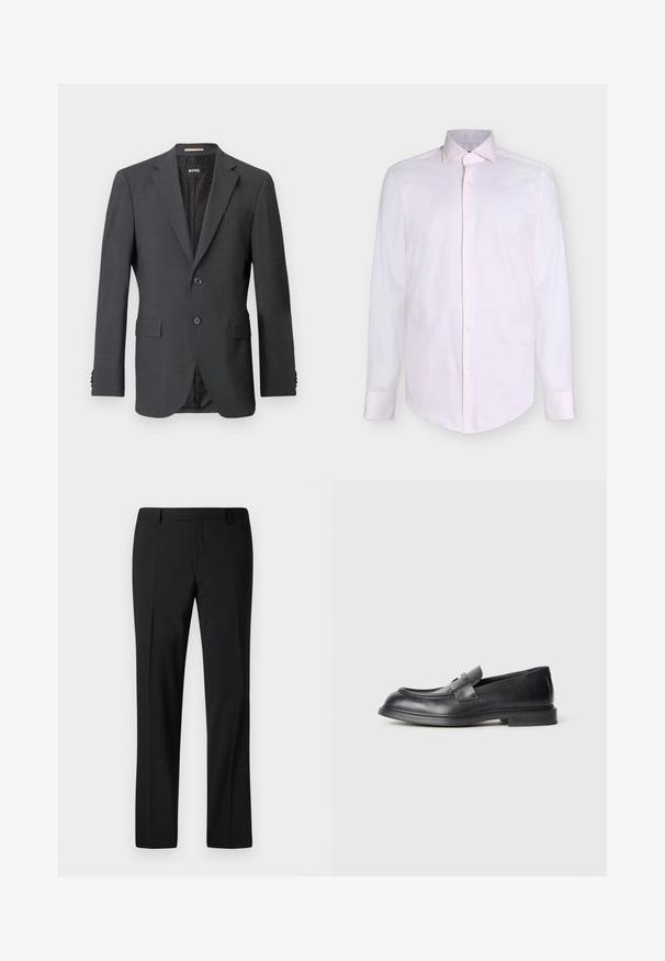 Donkergrijze blazer met twee knopen, notch rever, klepzakken en een interne voering met een subtiel patroon. Merkenlabel zichtbaar aan de binnenkant.; Lichtroze heren overhemd met lange mouwen, knopen aan de voorkant en een spitse kraag op een witte achtergrond.; Zwarte op maat gemaakte broek met een rechte pijp ontwerp, voorzien van een gladde textuur, geplooide voorkant en een klassieke tailleband voor een formele uitstraling.; Zwarte leren loafers met een gestructureerde afwerking, voorzien van een decoratieve voorstrik en een afgeronde neus. Rubberzool voor duurzaamheid.