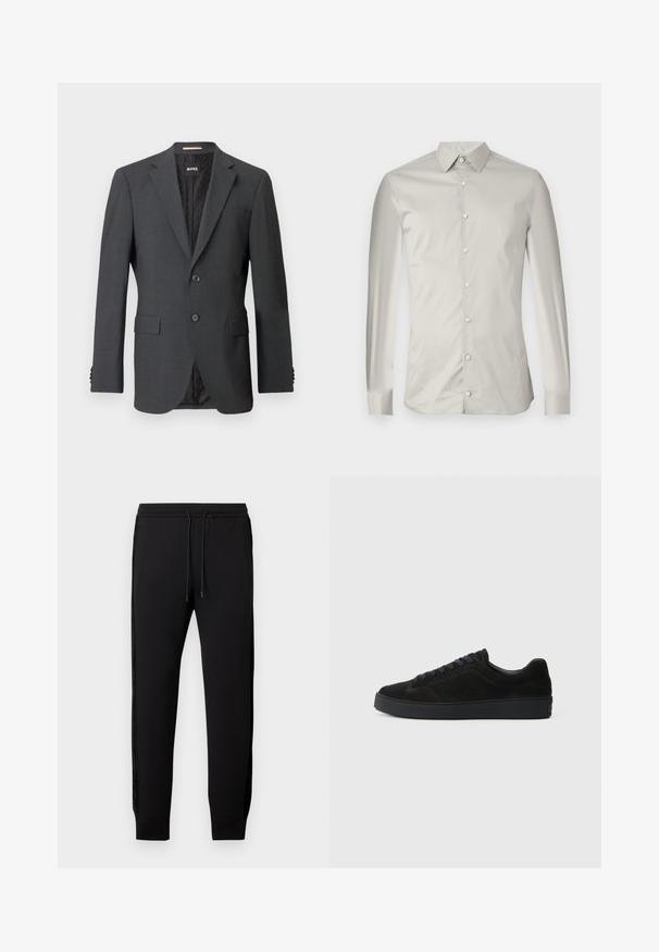 Mørkegrå blazer med to knapper, slagkraver, klaffelommer og indvendig foring med et subtilt mønster. Brandmærket er synligt indeni.; Lys grå langærmet skjorte lavet af glat stof. Har en spids krave, forreste knapper og en skræddersyet pasform med et minimalt design.; Sorte joggerbukser med snørelukning i taljen, elastiske manchetter, sidelommer og satinstriber langs ydersømmen.; Sort semsket sneakers med en flad, tekstureret sål, rund tå, seks snørrehuller og et minimalistisk design.