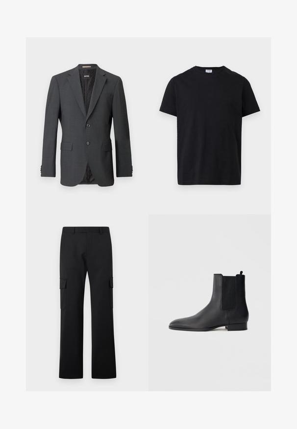 Mørkegrå blazer med to knapper, slagkraver, klaffelommer og indvendig foring med et subtilt mønster. Brandmærket er synligt indeni.; Sort kortærmet T-shirt med rund hals og en lille hvid mærkat inde i kraven, vist fladt mod en hvid baggrund.; Sorte cargo bukser med lige ben, sidelommer med klapper og bæltestropper på en ens hvid baggrund.; Sort læder Chelsea-støvle med elastiske sidepaneler og lav stakket hæl, vist i profil på en enkel lys baggrund.