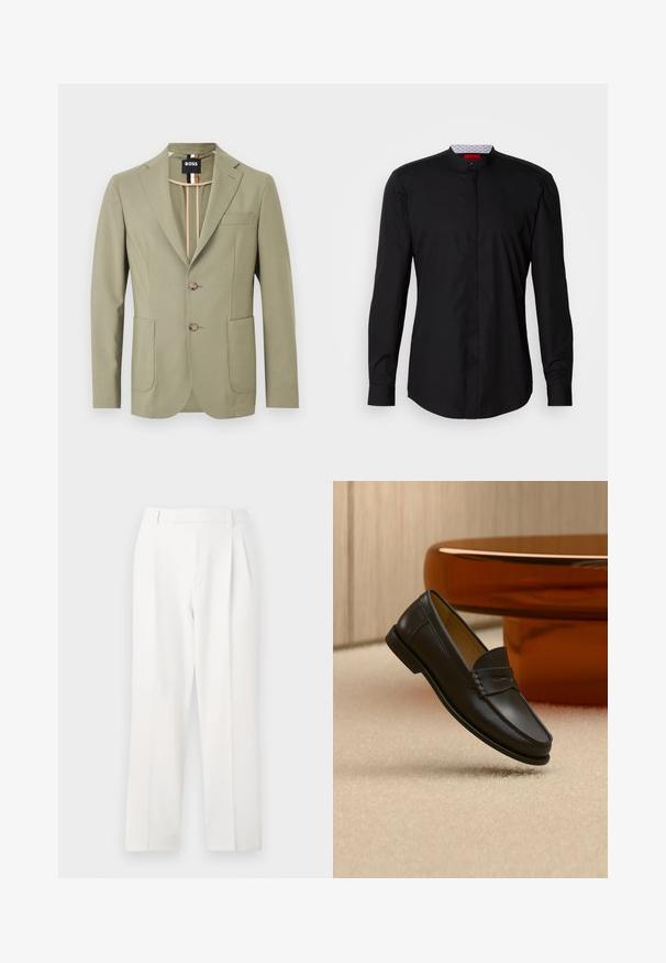 Blazer vert olive clair pour homme avec revers crantés, deux boutons sur le devant, poches plaquées, poche poitrine, et détail de col intérieur rayé.; Chemise noire à manches longues avec col mandarin, confectionnée dans un tissu lisse, dotée d'une patte de boutonnage à l'avant et de détails de design subtils.; Pantalon blanc sur mesure avec une coupe droite, présentant des plis, un devant plat et une texture de tissu lisse. Aucune poche ni accent visible.; Chaussure mocassin en cuir noir suspendue au-dessus d’un tapis beige avec du mobilier moderne couleur ambre en arrière-plan.