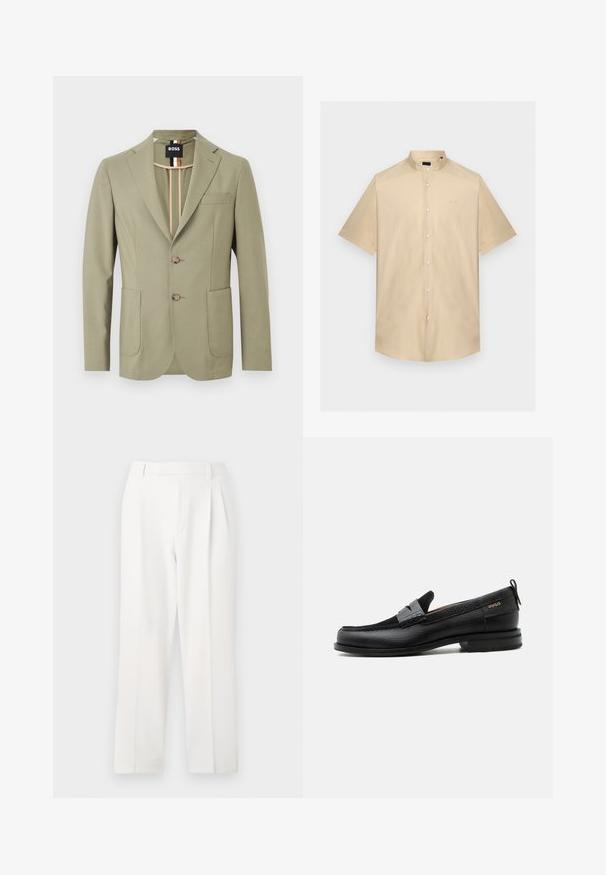 Blazer vert olive clair pour homme avec revers crantés, deux boutons sur le devant, poches plaquées, poche poitrine, et détail de col intérieur rayé.; Chemise beige à manches courtes boutonnée avec col mandarin et logo "BOSS" subtil sur la poitrine gauche.; Pantalon blanc sur mesure avec une coupe droite, présentant des plis, un devant plat et une texture de tissu lisse. Aucune poche ni accent visible.; Mocassin en cuir noir avec détail de bride grise, talon bas et semelle texturée, marqué "HUGO" en or sur le côté.
