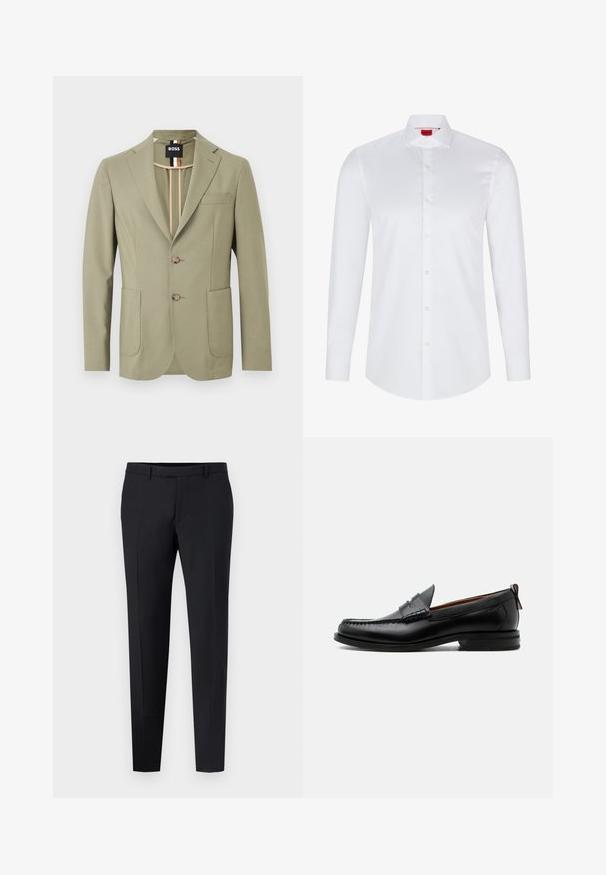 Blazer vert olive clair pour homme avec revers crantés, deux boutons sur le devant, poches plaquées, poche poitrine, et détail de col intérieur rayé.; Chemise blanche à manches longues avec boutons en coton lisse. Présente un col classique, une patte de boutonnage pleine et un ourlet arrondi.; Pantalons noirs ajustés avec une coupe slim, présentant un devant plat, des passants de ceinture et aucune motif ou accent visible. Texture lisse.; Mocassin homme en cuir noir avec couture moc toe, bride penny, col texturé et petit talon empilé sur fond blanc.
