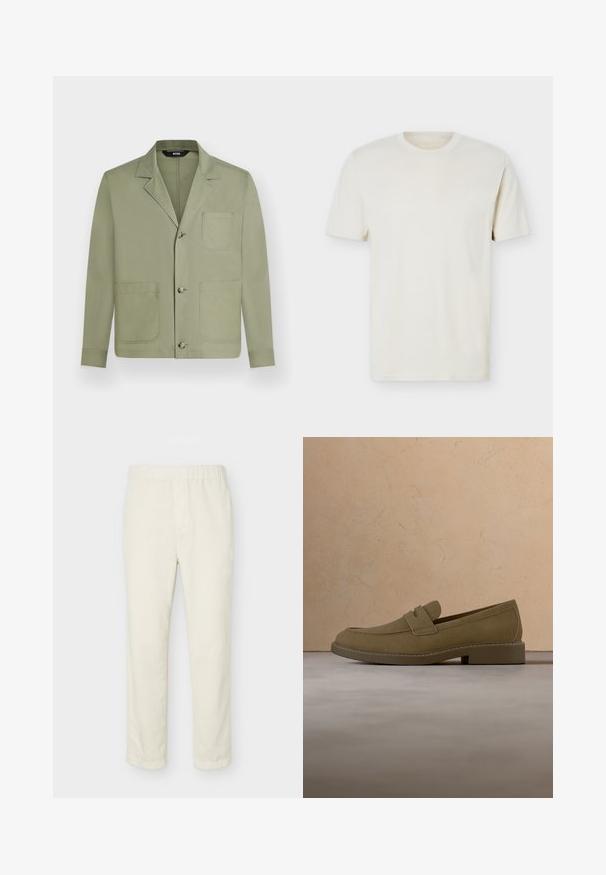 Veste décontractée homme vert olive clair avec trois boutons sur le devant et trois grandes poches plaquées, dont une poche poitrine.; T-shirt à manches courtes couleur blanc cassé uni avec col rond et logo discret sur le côté gauche de la poitrine, présenté sur un fond blanc uni.; Pantalon droit couleur blanc cassé avec taille élastique et détails minimalistes, présenté sur un fond clair uni.; Mocassin en daim marron flottant au-dessus d'un tapis beige texturé dans un salon avec une table basse en bois et des livres empilés.