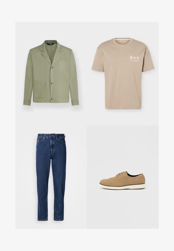 Veste décontractée homme vert olive clair avec trois boutons sur le devant et trois grandes poches plaquées, dont une poche poitrine.; T-shirt beige à manches courtes avec col rond, présentant de petits motifs d'insectes et le logo "Marc O'Polo" sur la poitrine gauche.; Jean bleu foncé en denim, avec une coupe droite, style cinq poches et des coutures apparentes le long des coutures.; Chaussure à lacets en daim marron clair avec semelle blanche et coupe basse à la cheville, vue de profil sur un fond neutre.