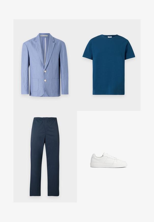 Blazer bleu clair en tissu léger, avec un design à une seule boutonnière, deux poches avant et des boutons ronds en bois.; T-shirt bleu foncé à col rond en coton doux, avec des manches courtes et une texture simple et lisse, coupe droite.; Pantalon bleu marine léger avec une ceinture élastique et des jambes droites. Texture lisse sans motifs ni accents visibles.; Baskets basses en cuir blanc à lacets à l’avant et semelle texturée, vues de profil sur un fond blanc uni.