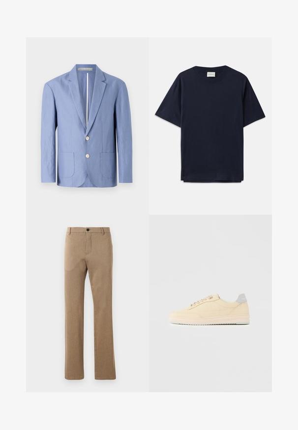 Blazer bleu clair en tissu léger, avec un design à une seule boutonnière, deux poches avant et des boutons ronds en bois.; T-shirt en coton bleu marine à manches courtes, col rond et coupe décontractée. L'étiquette indique "CLOSED" au niveau du col. Texture lisse.; Pantalon marron ajusté, fabriqué dans un tissu texturé avec une coupe droite, présentant une fermeture à bouton à l'avant et des poches latérales.; Baskets basses beige à lacets, semelle rose clair et languette grise à l'arrière marquée "Filling Pieces", vues de profil sur fond uni.