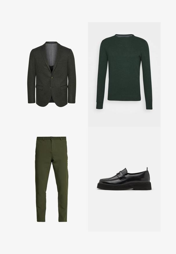 Blazer verde oscuro de tejido texturizado, con solapa muesca, dos bolsillos frontales y cierre de dos botones. Interior forrado visible.; Suéter de punto verde oscuro con cuello redondo, mangas largas y puños y dobladillo acanalados. Textura suave sin patrones o acentos visibles.; Pantalones verde oliva con corte ajustado, hechos de una tela suave y duradera. Presentan una bragueta con cremallera, cierre de botón y bolsillos estándar.; Zapatos estilo mocasín de cuero negro con suela plana y texturizada, con puntera cosida y una correa a lo largo del empeine.
