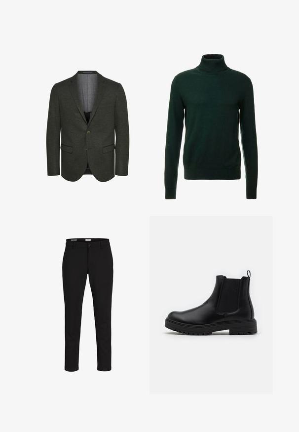 Blazer verde oscuro de tejido texturizado, con solapa muesca, dos bolsillos frontales y cierre de dos botones. Interior forrado visible.; Suéter de cuello alto verde oscuro hecho de una tela de punto suave. Presenta mangas largas y un cuello ajustado. Diseño clásico, sin estampados.; Pantalones negros de corte entallado con presillas para cinturón, cierre frontal con botón y cremallera, exhibidos sobre un fondo blanco.; Zign LEATHER - Botines - black