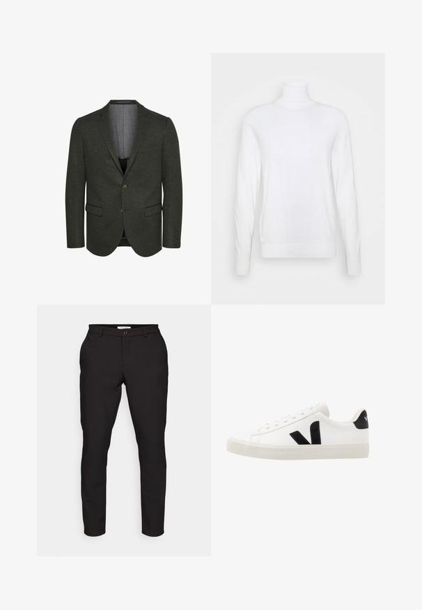 Mørkegrøn blazer lavet af tekstureret stof, der har en spids revers, to frontlommer og en to-knap lukning. Foret indre er synligt.; Hvid turtleneck sweater med lange ærmer, lavet af glat stof. Har et tætsiddende design og ribbede manchetter og kant. Ingen mønstre eller accenter.; Sorte skræddersyede bukser med slim fit. Har lynlås, knaplukning, sidelommer og et glat, let stof.; Hvide lædersneakers med sorte ruskindsdetaljer; har en gummisål, rund tå og klassisk snørebåndsdesign. Side logo i sort.