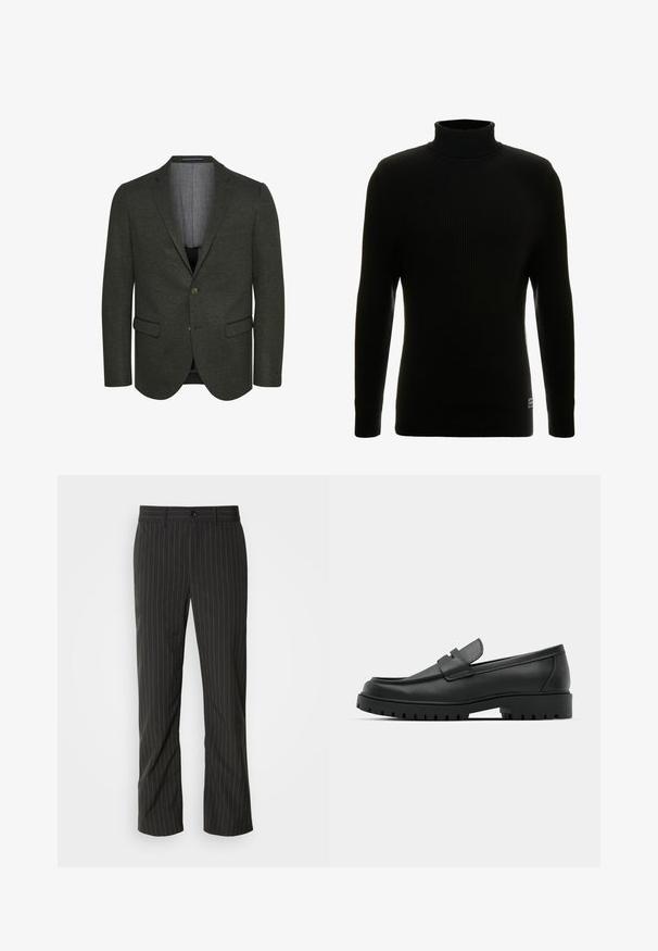 Mørkegrøn blazer lavet af tekstureret stof, der har en spids revers, to frontlommer og en to-knap lukning. Foret indre er synligt.; Sort turtleneck sweater med lange ærmer, ribbet tekstur, tætsiddende silhuet og lille mærke nederst til venstre.; Sorte skræddersyede bukser med lige snit. Har en glat tekstur, frontlukning med knap og bæltestropper.; Sorte læder loafers med rund tå, der har et syet design, lav platformssål og en struktureret, skridsikker gummisål.