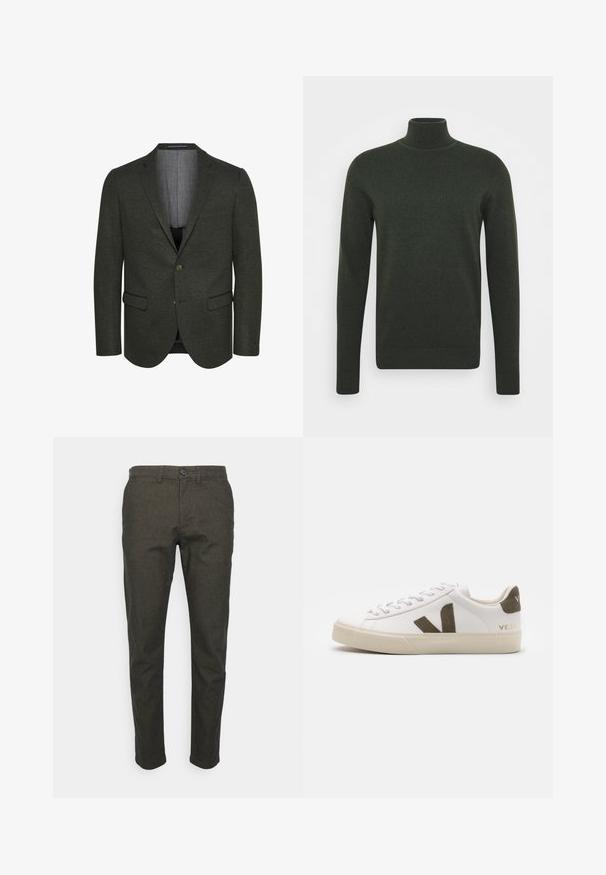 Dunkelgrüner Blazer aus strukturiertem Stoff, mit Reverskragen, zwei frontalen Taschen und einer Zweiknopfverschluss. Futter innen sichtbar.; Dunkelgrüner Rollkragenpullover aus gestricktem Material; lange Ärmel, taillierte Passform, gerippter Kragen und Bündchen, glatte Textur, ohne Muster oder Verzierungen.; Selected Chinos 175 Slim-fit brushed - Stoffhose - forest night; Weiße Leder-Sneaker mit einer hellbeigen Gummisohle. Mit braunem Wildleder-V-Logo und Fersenlasche. Schnürverschluss mit texturierter Oberfläche.