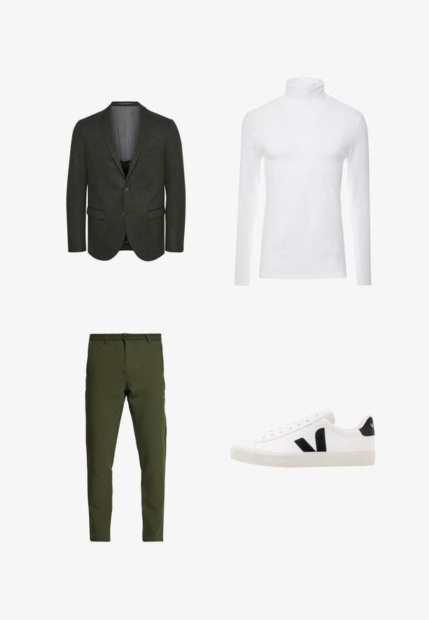 Dunkelgrüner Blazer aus strukturiertem Stoff, mit Reverskragen, zwei frontalen Taschen und einer Zweiknopfverschluss. Futter innen sichtbar.; Weißes Langarm-Turtleneck-Shirt aus weichem, dehnbarem Stoff. Verfügt über einen hohen Kragen und eine figurbetonte Passform, die eine schlanke Silhouette bietet.; Olivgrüne Hose mit slim fit, aus einem glatten, strapazierfähigen Stoff. Mit Reißverschluss, Knopfverschluss und Standardtaschen.; Weiße Leder-Sneaker mit schwarzen Wildlederelementen; verfügen über eine Gummisohle, eine runde Spitze und ein klassisches Schnürdesign. Seitliches Logo in Schwarz.
