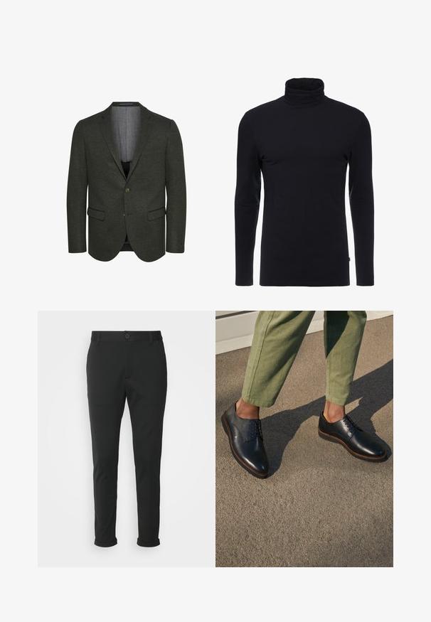 Blazer verde oscuro de tejido texturizado, con solapa muesca, dos bolsillos frontales y cierre de dos botones. Interior forrado visible.; Camisa de cuello alto negra de manga larga, hecha de una tela suave y elástica. Presenta un diseño ajustado y una textura lisa. Sin patrones ni acentos visibles.; Pantalones negros hechos de una tela suave con corte recto. Cuenta con un cierre de botón único y puños doblados.; Zapatos negros de cuero con cordones, punteras puntiagudas y costuras marrones, usados con pantalones verdes sobre una superficie gris.