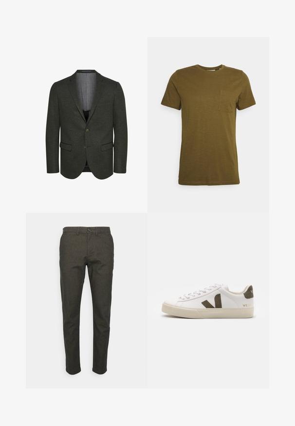 Blazer verde oscuro de tejido texturizado, con solapa muesca, dos bolsillos frontales y cierre de dos botones. Interior forrado visible.; Camiseta de manga corta color verde oliva, hecha de tela suave, con un cuello redondo y un solo bolsillo en el pecho, presenta costuras limpias y una textura suave.; Selected Chinos 175 Slim-fit brushed - Pantalones - forest night; Zapatillas de cuero blanco con una suela de goma beige claro. Presenta un logo en forma de V de gamuza marrón y una pestaña en el talón. Cierre con cordones y superficie texturizada.
