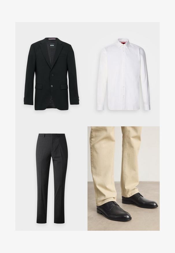 Schwarzer maßgeschneiderter Blazer mit zwei Knöpfen, Revers mit Kerbkragen und Pattentaschen. Gefüttertes Innenfutter mit einem dezenten Strukturmuster. Markenlabel: BOSS.; Weißes langärmliges Hemd aus Baumwolle mit klassischem Kragen, Knopfleiste vorne und glatter Textur. Rote Details im inneren Kragen.; Maßgeschneiderte dunkelgraue Hose mit glatter Textur, schlankem Schnitt, flachem Frontdesign und normalem Bund. Verfügt über gepresste Falten und keine sichtbaren Muster.; Schwarze Leder Schnürschuhe mit runder Zehenform, glatter Oberfläche und dezenten Nähdetails, getragen mit hellbeigen Hosen.