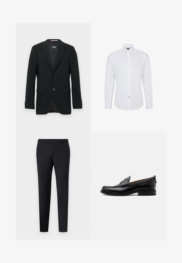 Blazer negro a medida con dos botones, solapas con muesca y bolsillos con solapa. Interior forrado con un sutil patrón texturizado. Etiqueta de la marca: BOSS.; Camisa de dress blanca de manga larga con cuello abotonado, que presenta una fila de pequeños botones y un único botón de contraste como acento.; Pantalones negros sastre de corte slim, con una parte delantera plana, lazos para cinturón y sin patrones o acentos visibles. Textura suave.; Mocasín de hombre de piel negra con costura moc toe, tira penny, cuello texturizado y tacón bajo apilado sobre fondo blanco.