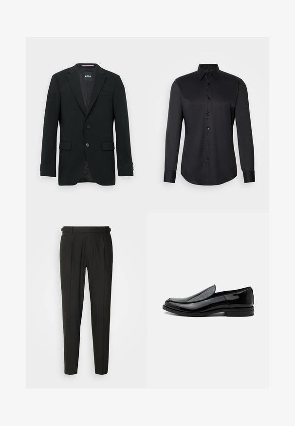 Zwarte op maat gemaakte blazer met twee knopen, ingesneden revers en klepzakken. Gevoerd interieur met een subtiel textuurpatroon. Merklip: BOSS.; Zwarte button-up shirt gemaakt van gladde stof, met een klassieke kraag, lange mouwen en knoopsluiting aan de voorkant.; Zwarte op maat gemaakte broeken met een vlakke voorkant, twee plooien, riemlusjes en een rechte pijpdesign. Gemaakt van een gladde, lichtgewicht stof.; Zwarte glanzende leren instapschoenen met lage hak en afgeronde neus, zijaanzicht op een witte achtergrond.