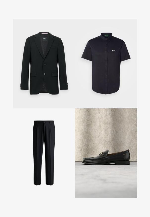 Zwarte op maat gemaakte blazer met twee knopen, ingesneden revers en klepzakken. Gevoerd interieur met een subtiel textuurpatroon. Merklip: BOSS.; Zwart katoenen overhemd met korte mouwen en knoopsluiting, voorzien van een klassieke kraag, regular fit en een wit "BOSS"-logo geborduurd op de borst.; Zwarte broek van gladde stof, met een rechte pijpdesign, plooien aan de voorkant en een knoopsluiting met riemlussen.; Zwarte leren loafer met gouden metalen gesp en "HUGO" branding, weergegeven tegen een beige tapijt en bruin doorschijnend meubilair.