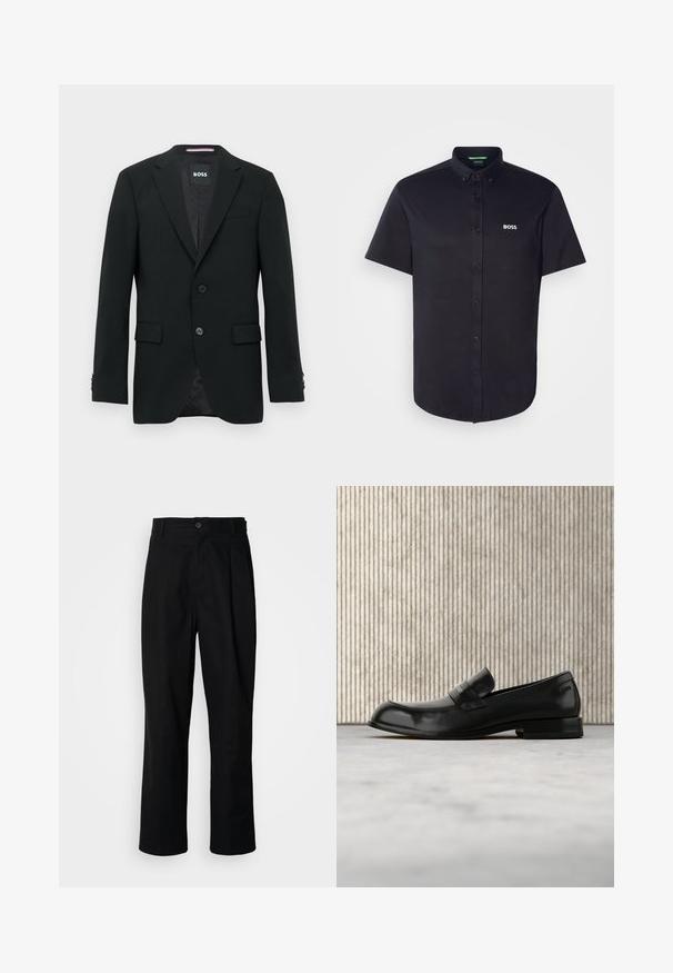 Blazer negro a medida con dos botones, solapas con muesca y bolsillos con solapa. Interior forrado con un sutil patrón texturizado. Etiqueta de la marca: BOSS.; Camisa negra de manga corta con botones, hecha de algodón, con cuello clásico, corte regular y un logo blanco "BOSS" bordado en el pecho.; Pantalones rectos negros con cintura con botones, trabillas para cinturón y pliegue frontal, exhibidos sobre un fondo blanco liso.; Mocasín negro de cuero con detalle metálico, mostrado suspendido sobre una alfombra beige, con una mesa redonda de color ámbar en el fondo.