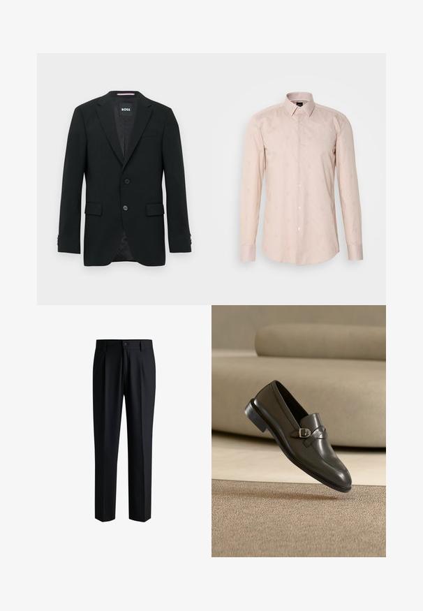 Schwarzer maßgeschneiderter Blazer mit zwei Knöpfen, Revers mit Kerbkragen und Pattentaschen. Gefüttertes Innenfutter mit einem dezenten Strukturmuster. Markenlabel: BOSS.; Helles rosa Langarmhemd mit einem Button-Down-Kragen, subtilen Streifenmustern und gestickten runden Motiven.; Schwarze Hose aus glattem Stoff, mit geradem Bein-Design, Falten vorne und einem Knopfverschluss mit Gürtelschlaufen.; Schwarzer Lederloafer mit Schnallendetail, der über einem beigen Teppich schwebt, beiger Sofahintergrund, zeigt Schuhsohle und Naht.