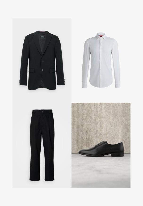 Schwarzer maßgeschneiderter Blazer mit zwei Knöpfen, Revers mit Kerbkragen und Pattentaschen. Gefüttertes Innenfutter mit einem dezenten Strukturmuster. Markenlabel: BOSS.; Weißes Langarm-Hemd mit Knopfleiste, weit geschnittenem Kragen und abgerundetem Saum. Hergestellt aus glattem Stoff mit dezentem Glanz.; Schwarze gerade geschnittene Hosen mit einem Knopfverschluss, Gürtelschlaufen und Vorderfalten, vor einem schlichten weißen Hintergrund präsentiert.; Schwarze Leder-Halbschuh mit schlankem Design, runder Zehenform, fünf Ösen für die Schnürsenkel und einem kleinen, erhöhten Absatz. Dezentes, geprägtes Logodetail.