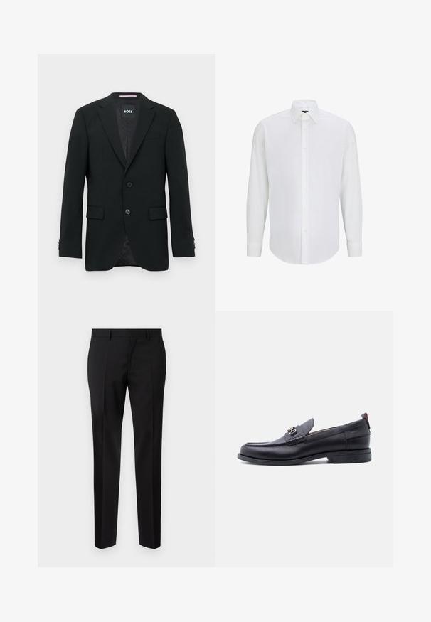 Zwarte op maat gemaakte blazer met twee knopen, ingesneden revers en klepzakken. Gevoerd interieur met een subtiel textuurpatroon. Merklip: BOSS.; Witte lange mouwen shirt gemaakt van gladde stof met een standaard kraag, sluiting met knopen aan de voorkant en een afgeronde zoom. Geen zichtbare patronen of accenten.; Zwarte op maat gemaakte broeken van een gladde stof, met een rechte pijp, verfijnde plooidetails en een klassieke tailleband met riemlussen.; Zwarte leren loafer met grijze, gestructureerde vamp, zilveren metalen gesp, lage hak en trekkoord aan de achterkant.