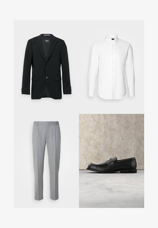 Blazer negro a medida con dos botones, solapas con muesca y bolsillos con solapa. Interior forrado con un sutil patrón texturizado. Etiqueta de la marca: BOSS.; Camisa blanca de manga larga, con cierre de botones en el frente, cuello clásico, confeccionada con una tela suave con una textura sutil, diseñada para un ajuste entallado.; Pantalones grises a medida con una textura suave, que cuentan con un frente plano, piernas rectas y pliegues sutiles para un detalle adicional.; Mocasín de cuero negro con una placa metálica de marca apoyado cerca de una mesa redonda marrón sobre un suelo alfombrado beige.