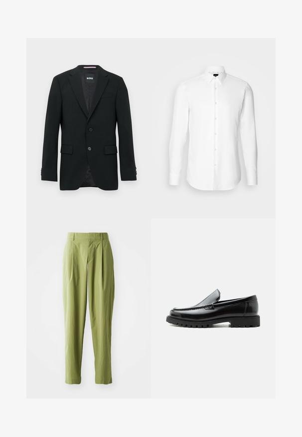 Schwarzer maßgeschneiderter Blazer mit zwei Knöpfen, Revers mit Kerbkragen und Pattentaschen. Gefüttertes Innenfutter mit einem dezenten Strukturmuster. Markenlabel: BOSS.; Weißes Langarmhemd, vorne mit Knöpfen, klassischer Kragen, aus glattem Stoff mit feiner Textur, für eine figurnahe Passform entworfen.; Hellgrüne Hose aus einem strukturierten Stoff, mit geradem Schnitt, Falten an der Vorderseite und einem normalen Bund.; Schwarzer Lederloafer mit grober Gummisohle, genähter Oberseite und geprägtem Markennamen an der Ferse, seitlich auf weißem Hintergrund gezeigt.