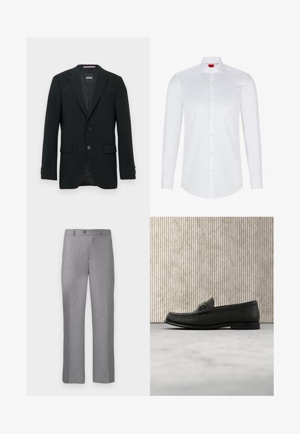 Blazer negro a medida con dos botones, solapas con muesca y bolsillos con solapa. Interior forrado con un sutil patrón texturizado. Etiqueta de la marca: BOSS.; Camisa blanca de manga larga con botones, hecha de algodón suave. Presenta un cuello clásico, una botonera completa y un dobladillo redondeado.; Pantalones de traje grises ajustados con pasadores para cinturón, botón frontal y cremallera, con un corte de pierna recta.; Mocasín de cuero negro con detalle metálico, exhibido sobre una alfombra beige, con una mesa redonda marrón en el fondo.