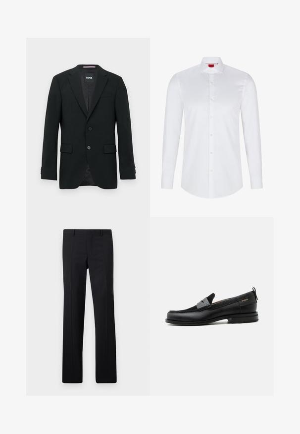 Schwarzer maßgeschneiderter Blazer mit zwei Knöpfen, Revers mit Kerbkragen und Pattentaschen. Gefüttertes Innenfutter mit einem dezenten Strukturmuster. Markenlabel: BOSS.; Weißes langärmliges Hemd mit Knopfleiste, hergestellt aus glattem Baumwollstoff. Verfügt über einen klassischen Kragen, eine durchgehende Knopfleiste und einen abgerundeten Saum.; Schwarze maßgeschneiderte Hose mit geradem Schnitt, scharfen Falten und glatter Oberfläche. Hergestellt aus leichtem Stoff mit einem sauberen Bund.; Schwarzer Lederloafer mit grauem Riemendetail, niedrigem Absatz und strukturierter Sohle, seitlich mit „HUGO“ in Gold gebrandmarkt.