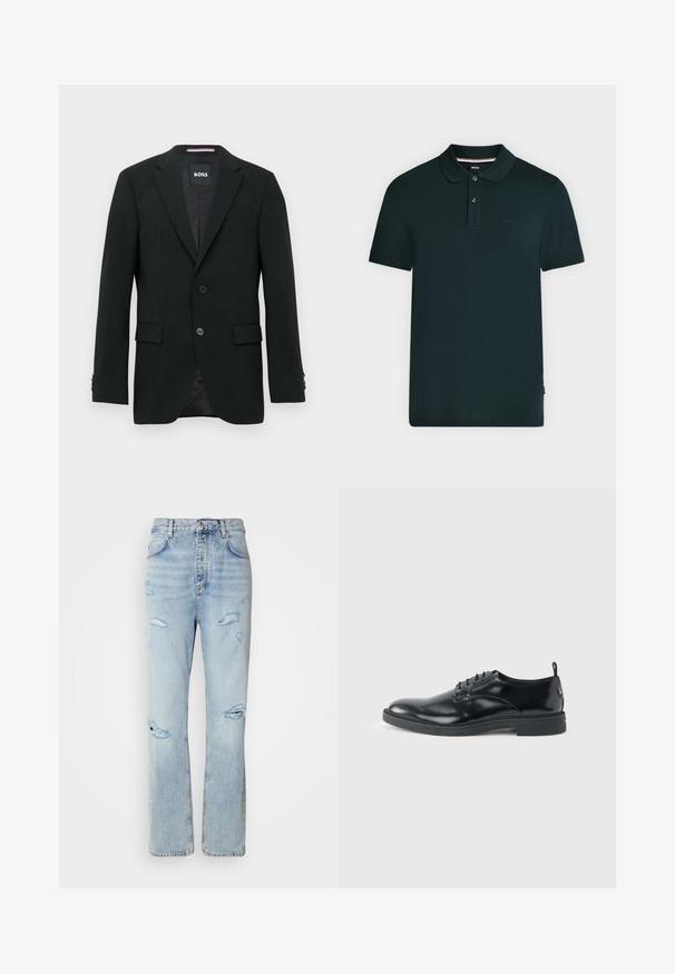 Blazer negro a medida con dos botones, solapas con muesca y bolsillos con solapa. Interior forrado con un sutil patrón texturizado. Etiqueta de la marca: BOSS.; Polo negro de manga corta con tapeta de dos botones, cuello puntiagudo y pequeño logo "BOSS" bordado en el pecho izquierdo.; Jeans de mezclilla de lavado claro con un corte relajado, que presentan áreas desgastadas y bordes deshilachados. La tela tiene una textura suave y lisa.; Zapato de vestir negro de cuero brillante con tacón bajo, cierre de cordones y puntera redonda, mostrado de lado sobre un fondo claro y liso.