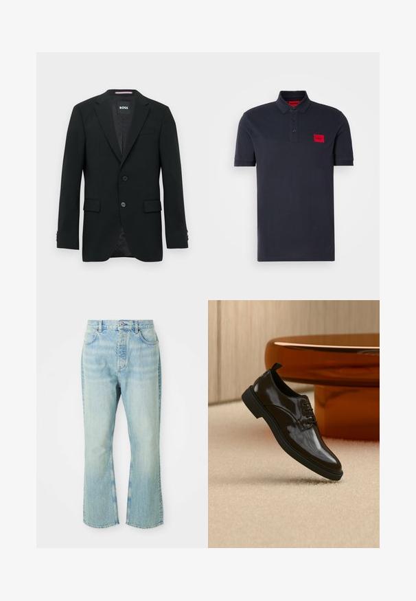 Zwarte op maat gemaakte blazer met twee knopen, ingesneden revers en klepzakken. Gevoerd interieur met een subtiel textuurpatroon. Merklip: BOSS.; Marineblauwe polo shirt van katoen, met een drieknoopsluiting, geribbelde kraag en manchetten, en een rood logo op de linkerborst.; Lichtblauwe denim flare jeans met een hoge taille, voorzien van vijf zakken, riemlussen en een vervaagde wastextuur.; Zwarte glanzende leren veterschoen zwevend boven een beige tapijt met een glanzende bruine ronde tafel op de achtergrond.