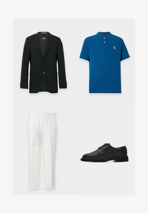 Blazer negro a medida con dos botones, solapas con muesca y bolsillos con solapa. Interior forrado con un sutil patrón texturizado. Etiqueta de la marca: BOSS.; Polo azul hecho de algodón, con cuello con solapa y dos botones. Un pequeño diseño bordado se encuentra en la zona del pecho izquierdo.; Pantalones blancos de pierna recta con cintura elástica y costuras frontales marcadas, exhibidos colgados contra un fondo liso.; Zapato de vestir para hombre de cuero negro con cordones, acabado liso y suela gruesa de goma, mostrado de perfil sobre fondo blanco.