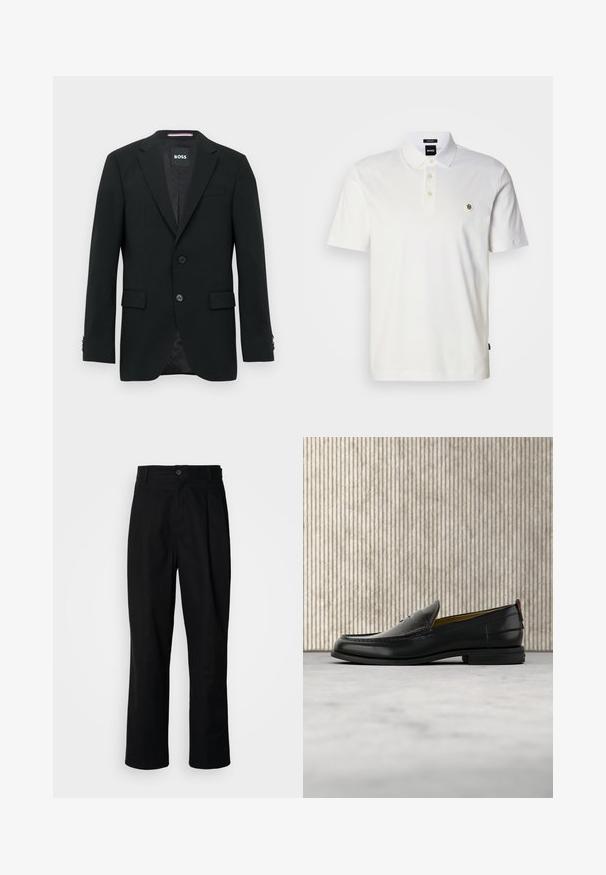 Schwarzer maßgeschneiderter Blazer mit zwei Knöpfen, Revers mit Kerbkragen und Pattentaschen. Gefüttertes Innenfutter mit einem dezenten Strukturmuster. Markenlabel: BOSS.; Weißes Polohemd aus Baumwolle mit einer Dreiknopfleiste, kurzen Ärmeln und einem kleinen gestickten Logo auf der linken Brust.; Schwarze gerade geschnittene Hosen mit einem Knopfverschluss, Gürtelschlaufen und Vorderfalten, vor einem schlichten weißen Hintergrund präsentiert.; Schwarzer Herren-Slipper aus Leder mit einer krokogeprägten Vorderkappe und einem niedrigen Absatz, im Profil vor neutralem Hintergrund gezeigt.