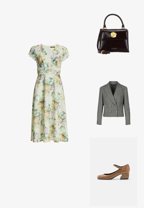 Grå dobbeltbrystet blazer i en pinstripe-mønster, med en notch krave, to frontlommer og sølvknapper.; Blomstret midi-kjole med kappelærmer, V-hals, figursyet talje og pastelfarvede blomster i grønne, pink, lilla og beige nuancer på en cremefarvet baggrund.; Brun laklæder Mary Jane sko med rund tå, ankelrem og en distinkt vinkelblokeret hæl. Glat tekstur, minimalistisk design.; Sort laklæderhåndtaske med struktureret design, der har et buet håndtag, aftagelig rem og en guldfarvet blomsterlåsdetalje.