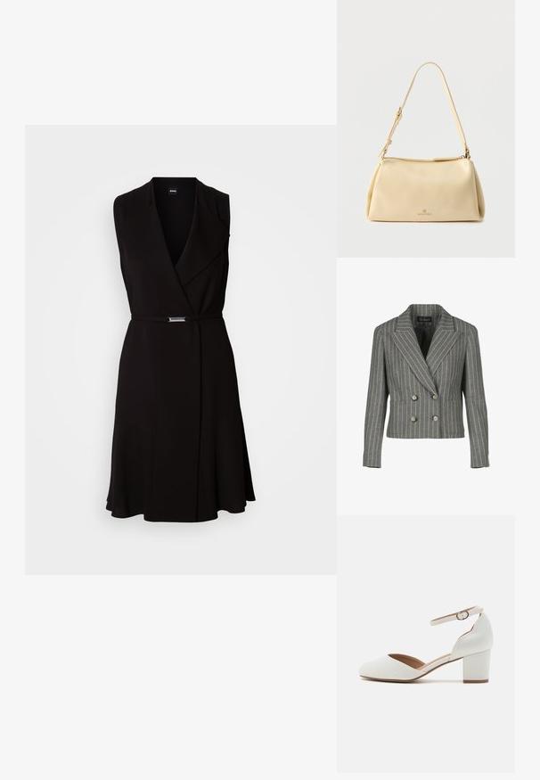 Grå dobbeltbrystet blazer i en pinstripe-mønster, med en notch krave, to frontlommer og sølvknapper.; Sort ærmeløs kjole med V-hals og en figursyet talje, med et sølvspænde som detalje og en udvidet nederdel. Fremstillet af en glat stof.; Anna Field Pumps - white; Beige rektangulær skuldertaske med justerbar rem og lynlås, med en lille "Anna Field"-logo midt foran.